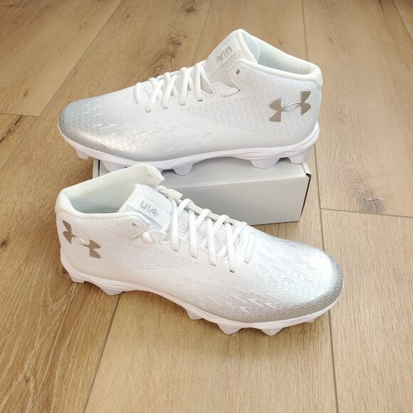 Under Armour UA Spotlight Franchise Rm 4.0 Sze 11.5 White Silver Football Cleats - Picture 1 of 8